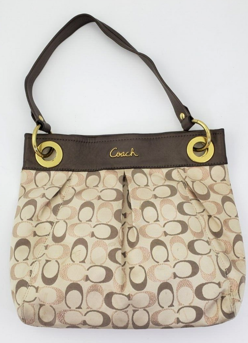 Coach Ashley Tri Metallic F20265 Khaki Signature Jacquard/Leather Shoulder Bag